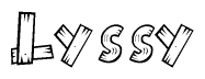 The clipart image shows the name Lyssy stylized to look as if it has been constructed out of wooden planks or logs. Each letter is designed to resemble pieces of wood.