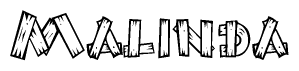 The clipart image shows the name Malinda stylized to look as if it has been constructed out of wooden planks or logs. Each letter is designed to resemble pieces of wood.