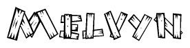 The image contains the name Melvyn written in a decorative, stylized font with a hand-drawn appearance. The lines are made up of what appears to be planks of wood, which are nailed together