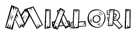 The image contains the name Mialori written in a decorative, stylized font with a hand-drawn appearance. The lines are made up of what appears to be planks of wood, which are nailed together