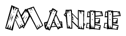 The image contains the name Manee written in a decorative, stylized font with a hand-drawn appearance. The lines are made up of what appears to be planks of wood, which are nailed together