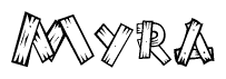 The image contains the name Myra written in a decorative, stylized font with a hand-drawn appearance. The lines are made up of what appears to be planks of wood, which are nailed together