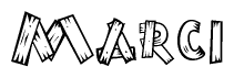 The image contains the name Marci written in a decorative, stylized font with a hand-drawn appearance. The lines are made up of what appears to be planks of wood, which are nailed together