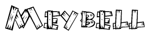 The image contains the name Meybell written in a decorative, stylized font with a hand-drawn appearance. The lines are made up of what appears to be planks of wood, which are nailed together