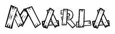 The clipart image shows the name Marla stylized to look as if it has been constructed out of wooden planks or logs. Each letter is designed to resemble pieces of wood.