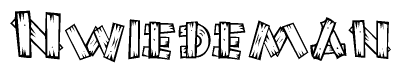 The image contains the name Nwiedeman written in a decorative, stylized font with a hand-drawn appearance. The lines are made up of what appears to be planks of wood, which are nailed together