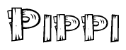 The clipart image shows the name Pippi stylized to look as if it has been constructed out of wooden planks or logs. Each letter is designed to resemble pieces of wood.