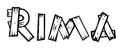 The image contains the name Rima written in a decorative, stylized font with a hand-drawn appearance. The lines are made up of what appears to be planks of wood, which are nailed together