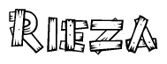 The clipart image shows the name Rieza stylized to look as if it has been constructed out of wooden planks or logs. Each letter is designed to resemble pieces of wood.