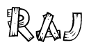 The clipart image shows the name Raj stylized to look as if it has been constructed out of wooden planks or logs. Each letter is designed to resemble pieces of wood.