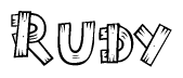 The image contains the name Rudy written in a decorative, stylized font with a hand-drawn appearance. The lines are made up of what appears to be planks of wood, which are nailed together