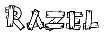The image contains the name Razel written in a decorative, stylized font with a hand-drawn appearance. The lines are made up of what appears to be planks of wood, which are nailed together