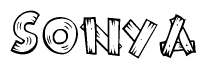 The image contains the name Sonya written in a decorative, stylized font with a hand-drawn appearance. The lines are made up of what appears to be planks of wood, which are nailed together