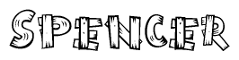 The image contains the name Spencer written in a decorative, stylized font with a hand-drawn appearance. The lines are made up of what appears to be planks of wood, which are nailed together