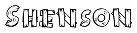 The image contains the name Shenson written in a decorative, stylized font with a hand-drawn appearance. The lines are made up of what appears to be planks of wood, which are nailed together