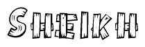 The image contains the name Sheikh written in a decorative, stylized font with a hand-drawn appearance. The lines are made up of what appears to be planks of wood, which are nailed together