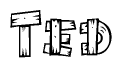 The image contains the name Ted written in a decorative, stylized font with a hand-drawn appearance. The lines are made up of what appears to be planks of wood, which are nailed together