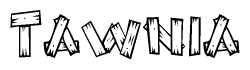 The clipart image shows the name Tawnia stylized to look as if it has been constructed out of wooden planks or logs. Each letter is designed to resemble pieces of wood.