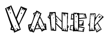 The image contains the name Vanek written in a decorative, stylized font with a hand-drawn appearance. The lines are made up of what appears to be planks of wood, which are nailed together
