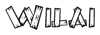 The image contains the name Wilai written in a decorative, stylized font with a hand-drawn appearance. The lines are made up of what appears to be planks of wood, which are nailed together