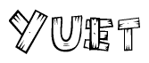 The clipart image shows the name Yuet stylized to look as if it has been constructed out of wooden planks or logs. Each letter is designed to resemble pieces of wood.