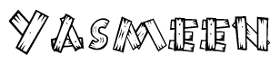 The image contains the name Yasmeen written in a decorative, stylized font with a hand-drawn appearance. The lines are made up of what appears to be planks of wood, which are nailed together