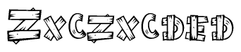 The image contains the name Zxczxcded written in a decorative, stylized font with a hand-drawn appearance. The lines are made up of what appears to be planks of wood, which are nailed together