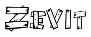 The image contains the name Zevit written in a decorative, stylized font with a hand-drawn appearance. The lines are made up of what appears to be planks of wood, which are nailed together