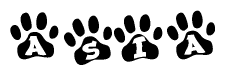 The image shows a series of animal paw prints arranged in a horizontal line. Each paw print contains a letter, and together they spell out the word Asia.