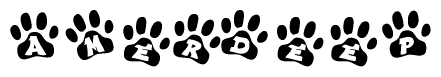 The image shows a row of animal paw prints, each containing a letter. The letters spell out the word Amerdeep within the paw prints.