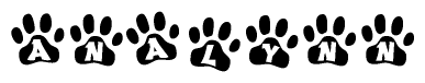 The image shows a series of animal paw prints arranged horizontally. Within each paw print, there's a letter; together they spell Analynn