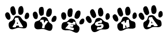 The image shows a series of animal paw prints arranged in a horizontal line. Each paw print contains a letter, and together they spell out the word Ayesha.