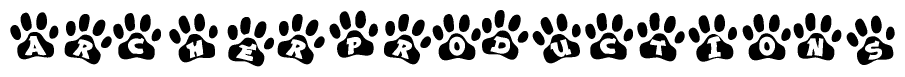 The image shows a row of animal paw prints, each containing a letter. The letters spell out the word Archerproductions within the paw prints.