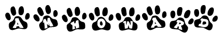 The image shows a row of animal paw prints, each containing a letter. The letters spell out the word Amhoward within the paw prints.