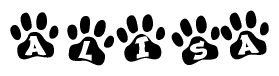 The image shows a series of animal paw prints arranged horizontally. Within each paw print, there's a letter; together they spell Alisa