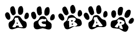 The image shows a series of animal paw prints arranged horizontally. Within each paw print, there's a letter; together they spell Acbar