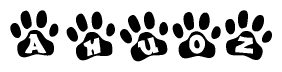 The image shows a series of animal paw prints arranged in a horizontal line. Each paw print contains a letter, and together they spell out the word Ahuoz.