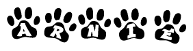 The image shows a series of animal paw prints arranged horizontally. Within each paw print, there's a letter; together they spell Arnie