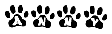 The image shows a series of animal paw prints arranged in a horizontal line. Each paw print contains a letter, and together they spell out the word Anny.