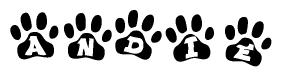 The image shows a series of animal paw prints arranged horizontally. Within each paw print, there's a letter; together they spell Andie