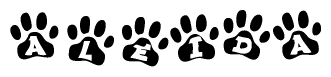 The image shows a row of animal paw prints, each containing a letter. The letters spell out the word Aleida within the paw prints.