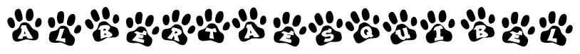 The image shows a series of animal paw prints arranged in a horizontal line. Each paw print contains a letter, and together they spell out the word Albertaesquibel.