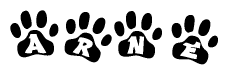 The image shows a series of animal paw prints arranged in a horizontal line. Each paw print contains a letter, and together they spell out the word Arne.