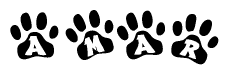 The image shows a series of animal paw prints arranged horizontally. Within each paw print, there's a letter; together they spell Amar
