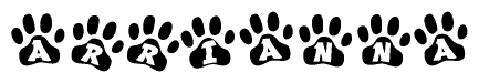 The image shows a series of animal paw prints arranged horizontally. Within each paw print, there's a letter; together they spell Arrianna