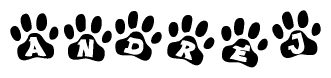 The image shows a series of animal paw prints arranged in a horizontal line. Each paw print contains a letter, and together they spell out the word Andrej.