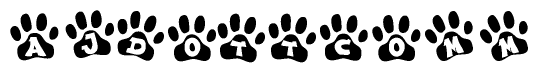 The image shows a row of animal paw prints, each containing a letter. The letters spell out the word Ajdottcomm within the paw prints.