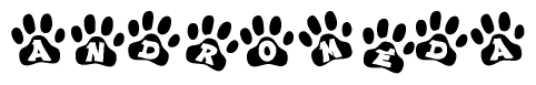 The image shows a row of animal paw prints, each containing a letter. The letters spell out the word Andromeda within the paw prints.