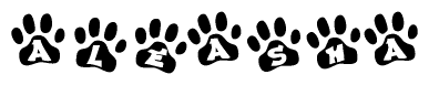 The image shows a series of animal paw prints arranged horizontally. Within each paw print, there's a letter; together they spell Aleasha