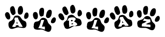 The image shows a row of animal paw prints, each containing a letter. The letters spell out the word Alblaz within the paw prints.